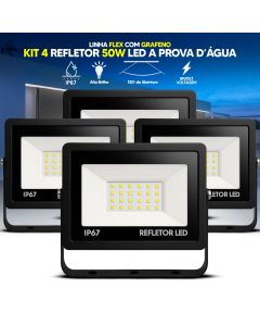 Kit Refletor LED 50W Holofote Flex Bivolt IP67 Luz Cor Branco Frio 6500K Alta Potência Prova D'Água