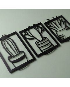 Conjunto 3 Quadros Cactos Suculentas MDF Preto 3D Vazado Parede Sala Quarto Decoração Moderna Boho