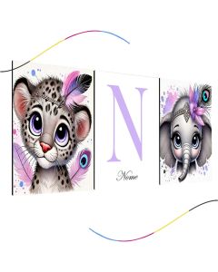 quadro decorativo infantil safari personalizado bichinhos 3 peças, safari, leão, leaozinho, lilás