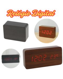 Relógio De Mesa Digital De Madeira Com Data E Temperatura E USB Grande 15x4x7Cm Ou Pequeno 10x4x7Cm