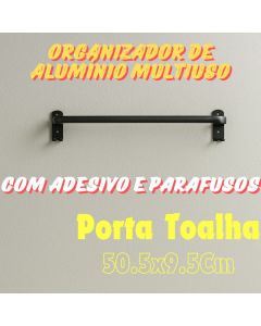 Organizador De Alumínio Porta Toalha Suporte Toalheiro Banheiro Multiuso 50.5x9.5 Preto Com Adesivo