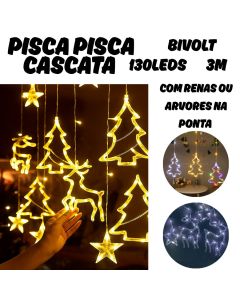 Pisca Pisca Cascata 130 Leds 3M Decoração Natal Figuras Sortidas Rena OU Arvore Interno Fio De Fada
