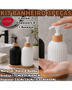 Kit 3 Produtos De Banheiro Preto E Branco Listras Luxo Avançadas 2 Dispensers De 400ml E 1 Bandeja