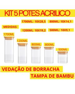 Kit 5 Potes De Plástico 4 Tamanhos 1700ML 1200ML 800ML E 500ML Tampa De Bambu Para Organização