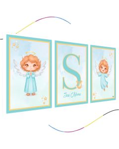 kit Quadros Decorativos Infantis Anjo da Guarda, Kit 3 Peças MDF 3mm, Azul e Dourado, Personalizado,
