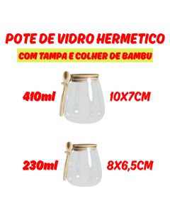 Kit 2 Potes Hermeticos Vidro 410ML 230ml Conservação Cozinha Tampa Colher Bambu Vedação Ideal
