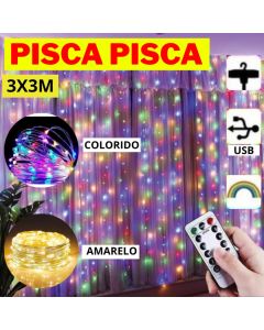 Pisca-Pisca 3X3M Cascata Cortina USB Controle Natalino Colorido Amarelo Fio Transparente