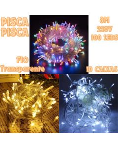 Kit 10 Caixas Pisca Pisca 100 Leds 8M 220V Fio Transparente Luzes Natal Uso Interno