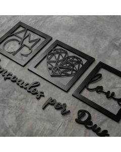 Kit 3 Quadros Abençoados por Deus Frase Love Coração MDF Preto Decoração Cristã Parede Sala Quarto