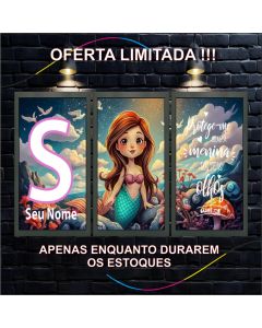 Quadro Decorativo Infantil Sereia, Triplo, Personalizado com Letra Inicial, para Quarto de Menina