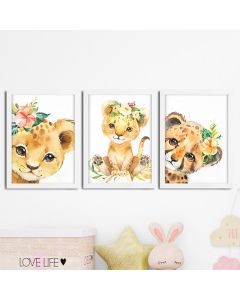Kit 3 Quadros infantil Menina Savana aquarela 20x30 cada peça tigre onça