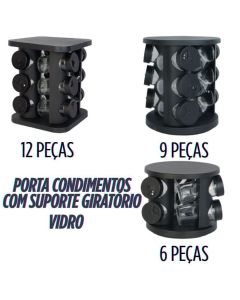 Porta Condimentos Com Suporte Giratório Tempero 9 Ou 12 Ou 6 Potes De Vidro Preto Com Dosador 90G