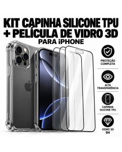 Kit 1 Película Vidro Temperado 3D 9H + Capinha Anti Impacto de Silicone Todos os iPhone Capinha TPU