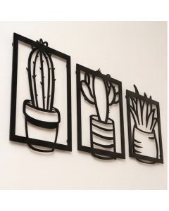 Kit 3 Peças Quadros Cactos Suculentas MDF Preto 3D Vazado Parede Decoração Sala Quarto Escritório