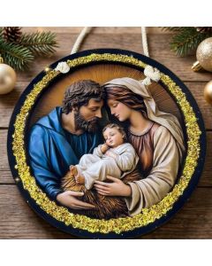 Guirlanda de Natal Sagrada Família MDF 25cm Placa Decorativa Porta Presépio Enfeite Natalino Religioso