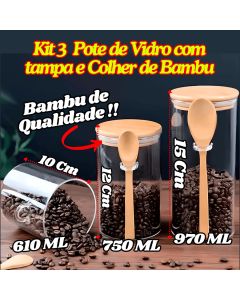 KIT 3 Pote De Vidro Com Tampa Hermética E Colher De Bambu Redondo Organizador Multiuso De Cozinha