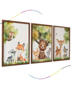 Quadro Decorativo Infantil, Animais da Floresta, 3 Peças, Arte em Aquarela com Moldura Marrom