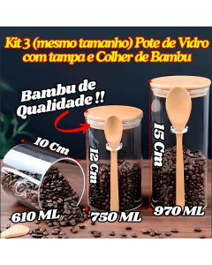 KIT 3 Pote De Vidro Hermético Com Tampa E Colher De Bambu Redondo Organizador Multiuso De Cozinha