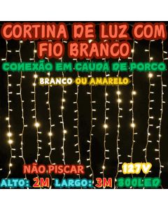 Cortina De Luz 3m x 2m 127V Chibrali Com Branco Fixo Não Piscar Conexão Em Cauda De Porco