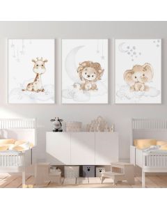 quadro decorativo infantil safari lua estrela leão girafa elefante fofo 3 peças