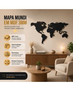Mapa Múndi Decorativo em MDF 3mm para Parede Sala Escritório Quarto com Fita Dupla Face