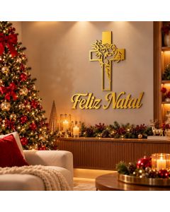 Quadro Decorativo Jesus Cruz + Frase Feliz Natal em MDF 3mm | Arte Religiosa Natalina