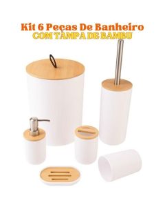 Kit 6 Peças De Banheiro Bambu Porta Sabonete Liquido Saboneteira Porta Escova Lixo Escova Sanitária