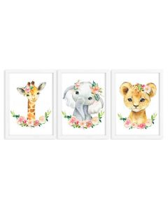 Kit 3 Quadros infantil Menina Savana aquarela 20x30 cada peça elefante onça girafa