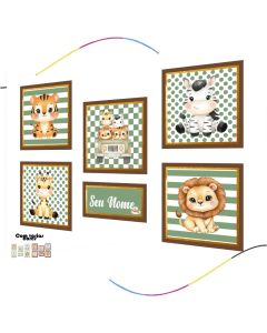 Kit de Decoração para Quarto de Bebê Safari, 6 Quadros Decorativos com Animais, Kit quadro, bebê