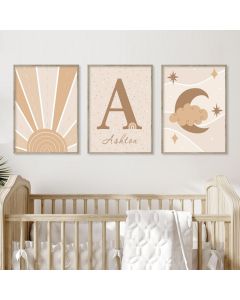quadro decorativo infantil personalizado por do sol lua e estrelas 3 peças