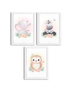 Kit 3 Quadros infantil Menina Savana aquarela 20x30 cada peça coruja Zebra elefante