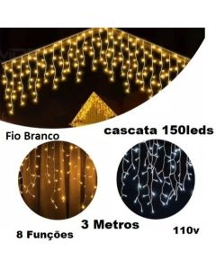 Cascata Cortina 3M 110V 150 Leds 8 Funções Pisca Pisca Decoração Natalina Luzes Fio Branco