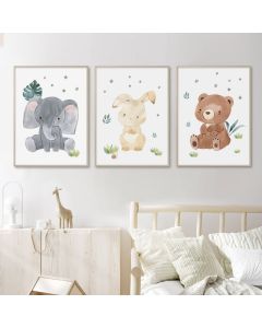 quadro decorativo infantil bichinhos fofos coelho elefante ursinho fofos 3 peças
