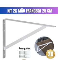 Kit 2 Mão Francesa Suporte 25cm Para Prateleira Branco Metal Resistente Com Bucha e Parafuso