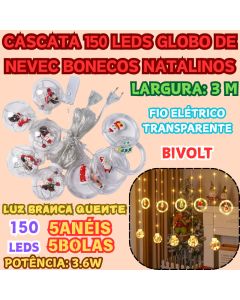 Cascata 150 Leds Largura 3M 5 Bolas 5 Anéis Globo De Neve Bivolt Bonecos Natalinos Branca Quente