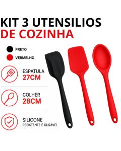 Kit 3 Utensilios De Cozinha Colher Duas Espatulas Cozinha Silicone Resistente Grande Vermelho Preto