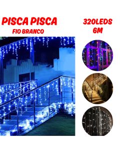 Pisca Pisca Cascata 320 Leds Decoração Natal 6M Bivolt 8 Modos Iluminação Fio Branco Festiva