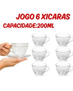 Jogo 6 Xicaras Veneza Vidro 200ML Transparente Cafe Chá Bebidas Elegante Louças