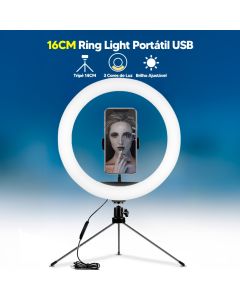Anel Ring Light 16cm com Tripé de Mesa, Suporte para Celular e Conexão USB