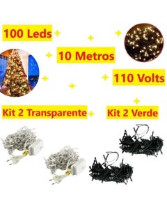 Kit 2 Caixa 100 Leds Pisca Fio Verde Ou Transparente 8 Funções 10M E 110V Natalino Decorativo