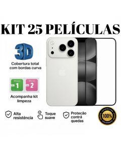 Kit 25 Pelicula de Vidro Temperado 3D Películas Iphone XR 11 12 13 14 15 16 e 17 Air Pro Plus Max