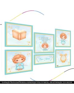 kit Quadros Decorativos Infantis Anjo da Guarda, Kit 6 Peças MDF 3mm, Azul e Dourado