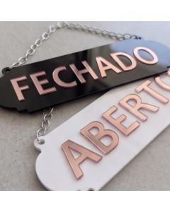 Placa Aberto Fechado Acrílico Espelhado Rose Gold Dupla Face 26x8 Salão Beleza Loja Comércio Vitrine