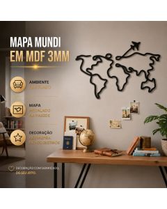 Mapa Mundi  Decorativo MDF3mm | Painel de Parede Vazado Corte a Laser | Decoração Sala Quarto Escritório