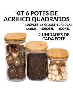 KIT 6 Potes Herméticos 3 Tamanhos 500ML 800ML 1000ML Organizadores de Acrílico com Tampa Bambu Vedação Forte