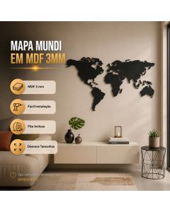 Mapa Múndi Decorativo em MDF 3mm para Parede Sala Escritório Quarto com Fita Dupla Face