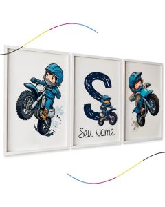 Quadros Decorativos Infantis Motocross, Conjunto 3 Peças, Letra S Personalizável, Azul e Branco