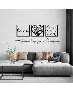 KIT 3 Quadros Love e Coração Geométrico Amor + Frase de Parede em MDF Preto C/Dupla Face