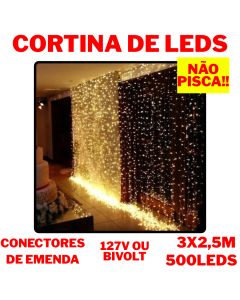 Cortina 500 Leds 3X2,5M Amarelo Fixo Não Pisca Conectores Emenda Bivolt/127v Externo  Eventos Festa