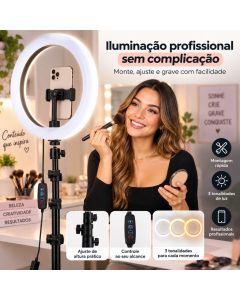 Ring Light 10 Polegadas Maquiagem, Vídeos e Lives com Tripé 2m e 3 Tons de Luz